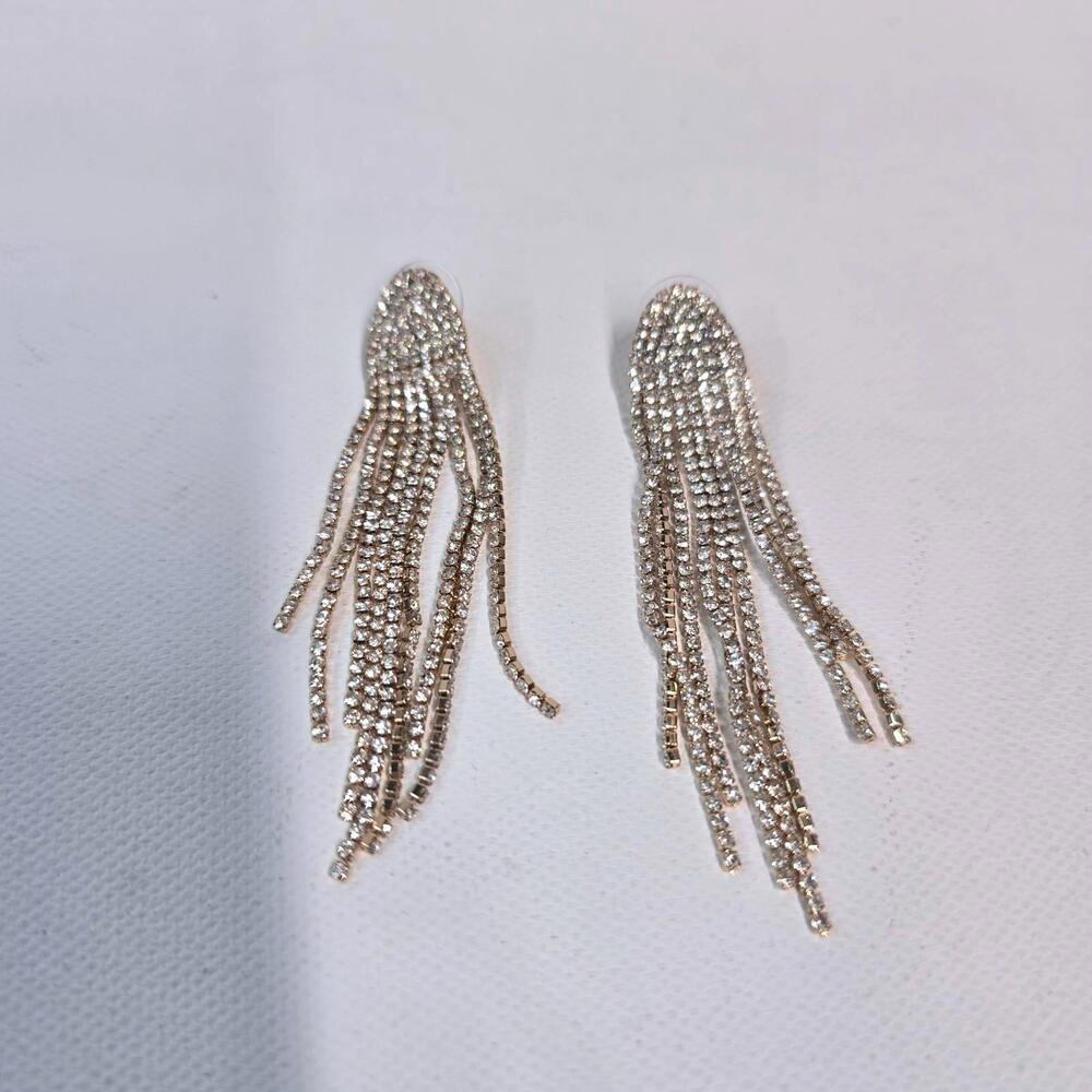 Gold Tone Rhinestone Tassel Dangle Statement Earrings‎ Evening Glam